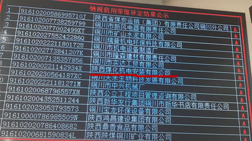 陜煤建設(shè)機(jī)電安裝公司:榮獲2018年納稅信用“A”級(jí)企業(yè)